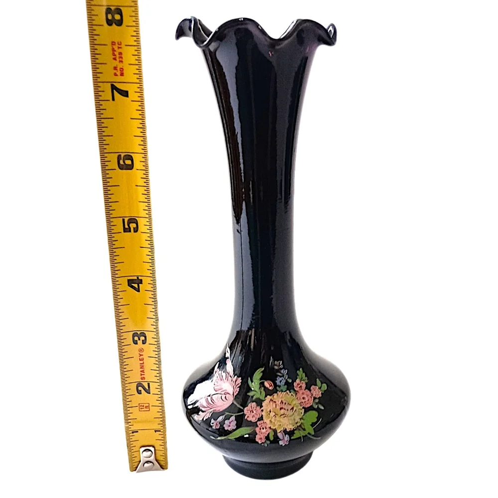 Vintage Black Amethyst Glass Bud Vase Floral Ruffled Fluted Top Edge‎ Victorian